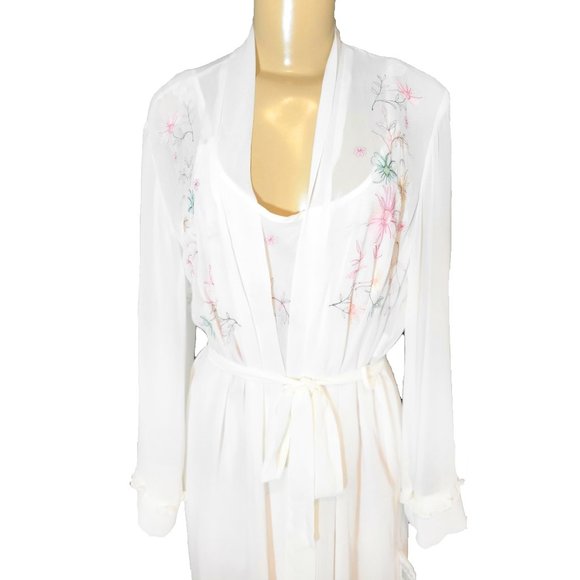 💕 New Vintage White Floral Embroidered Linea Donatella Slip Chemise & Robe Set - Picture 9 of 15